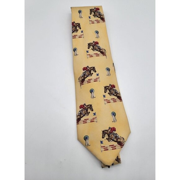 VTG POLO RALPH LAUREN Mens Silk Tie Yellow Equestrian Horse Jumping Handmade USA